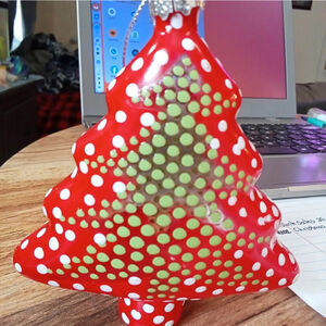 Pier 1 Red & Green Polka Dot Glass Christmas Tree Ornament-Festive Holiday